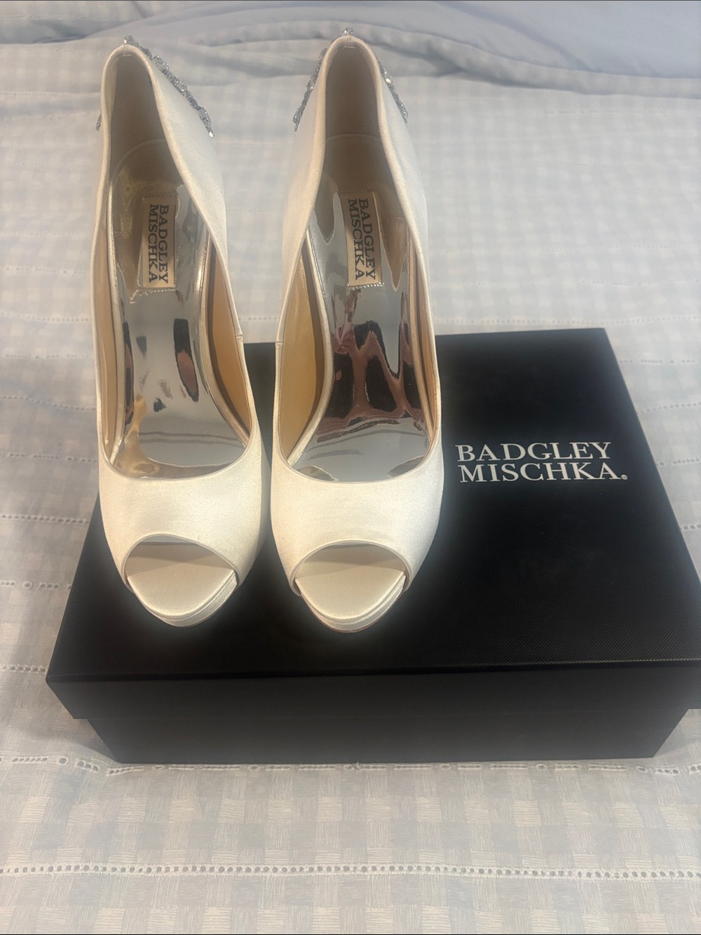 Brand New Badgley Mischka Ivory Satin Kiara Peep-Toe Heels with Crystal Back